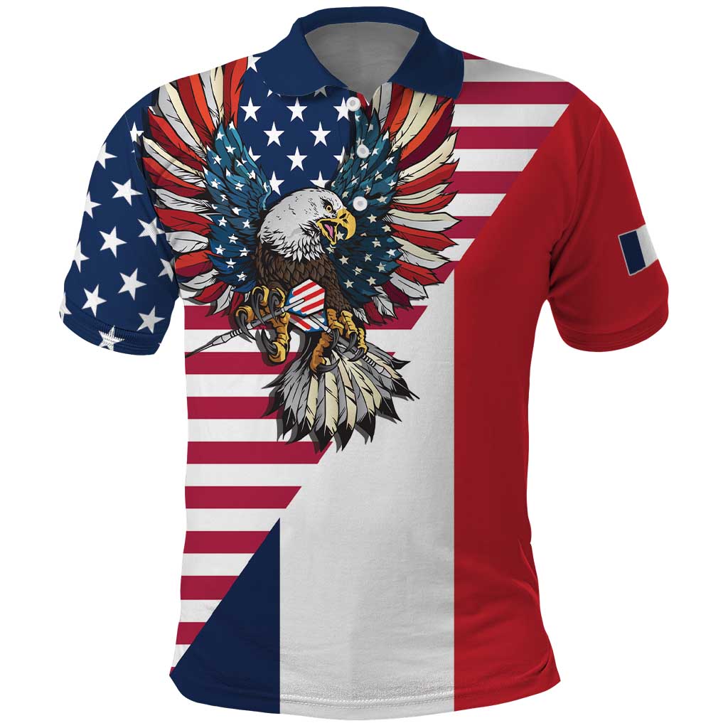 French American Heritage Month Polo Shirt Flag Style with USA Eagle and Eiffel Tower