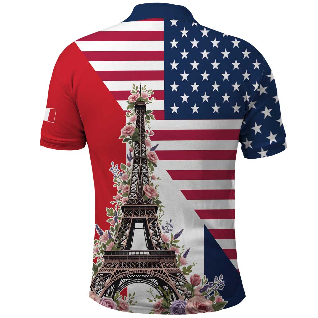 French American Heritage Month Polo Shirt Flag Style with USA Eagle and Eiffel Tower