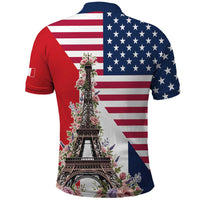 French American Heritage Month Polo Shirt Flag Style with USA Eagle and Eiffel Tower