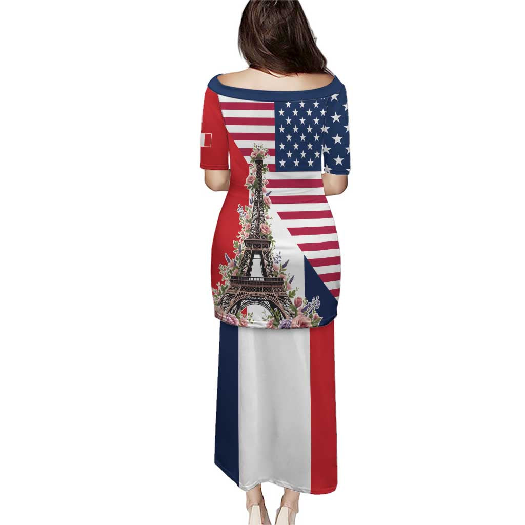 French American Heritage Month Puletasi Flag Style with USA Eagle and Eiffel Tower