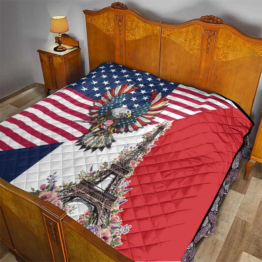 French American Heritage Month Quilt Flag Style with USA Eagle and Eiffel Tower