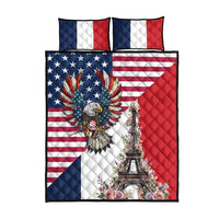 French American Heritage Month Quilt Bed Set Flag Style with USA Eagle and Eiffel Tower