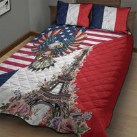 French American Heritage Month Quilt Bed Set Flag Style with USA Eagle and Eiffel Tower