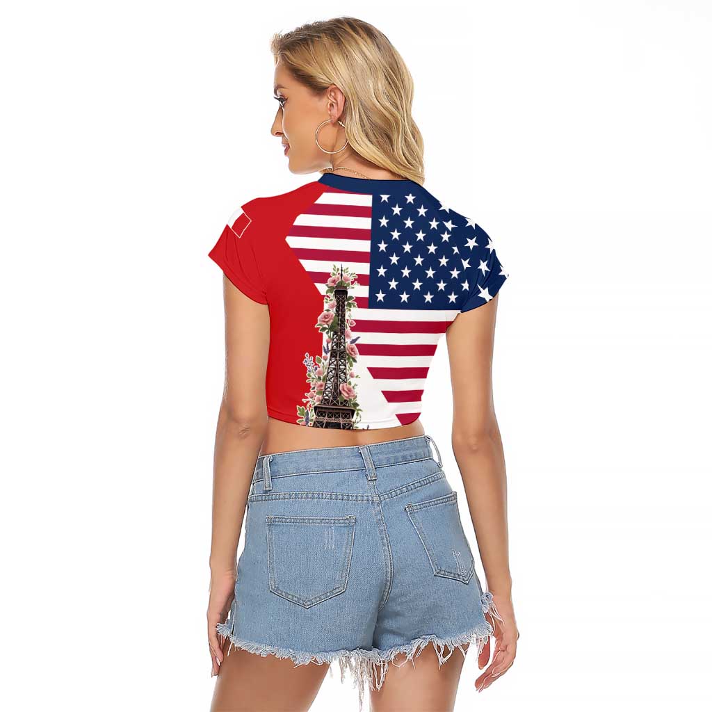 French American Heritage Month Raglan Cropped T Shirt Flag Style with USA Eagle and Eiffel Tower