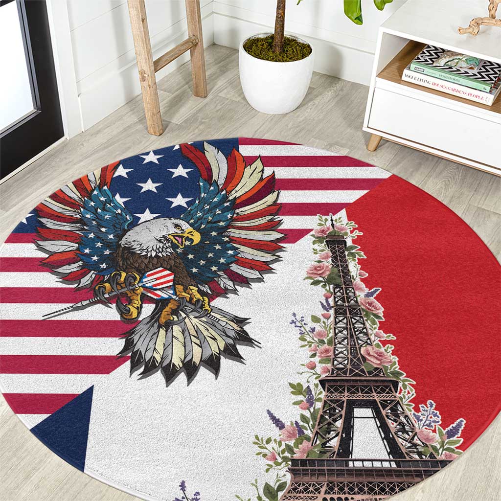 French American Heritage Month Round Carpet Flag Style with USA Eagle and Eiffel Tower