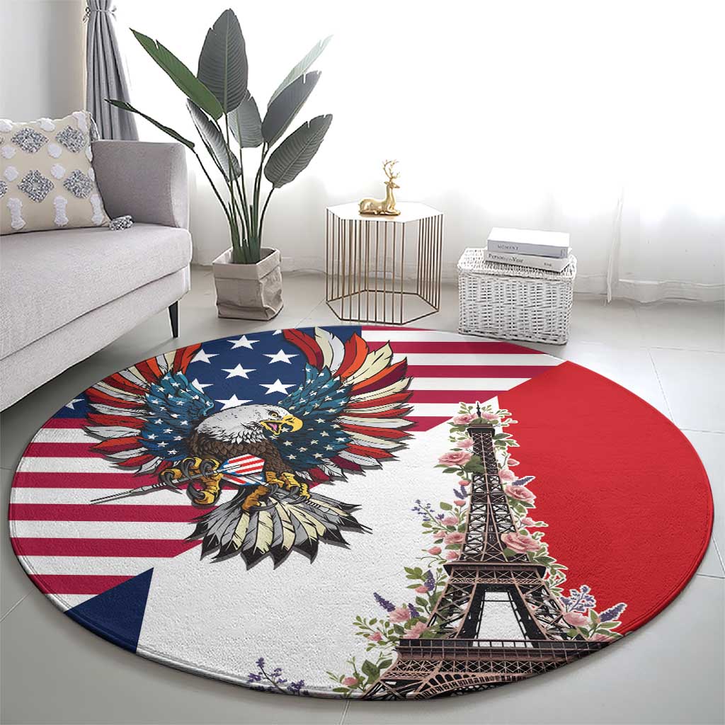 French American Heritage Month Round Carpet Flag Style with USA Eagle and Eiffel Tower