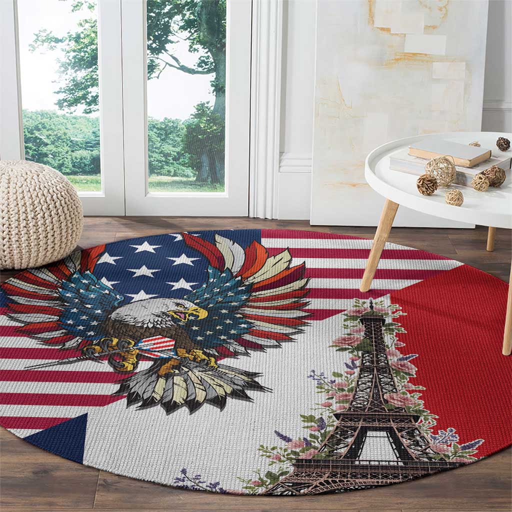 French American Heritage Month Round Carpet Flag Style with USA Eagle and Eiffel Tower