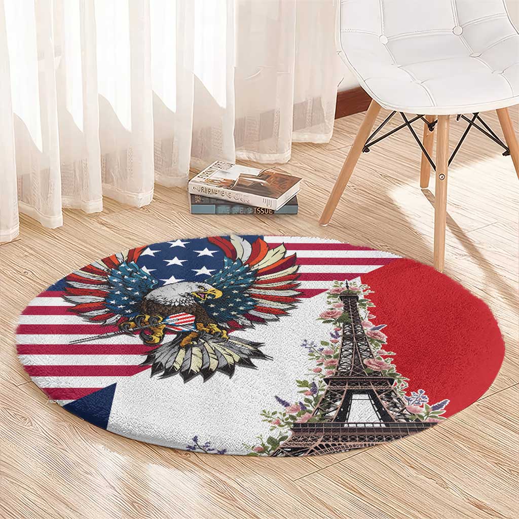 French American Heritage Month Round Carpet Flag Style with USA Eagle and Eiffel Tower