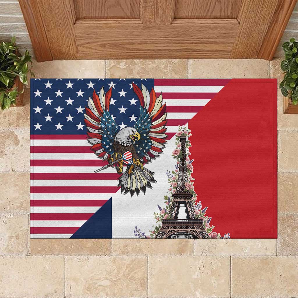 French American Heritage Month Rubber Doormat Flag Style with USA Eagle and Eiffel Tower