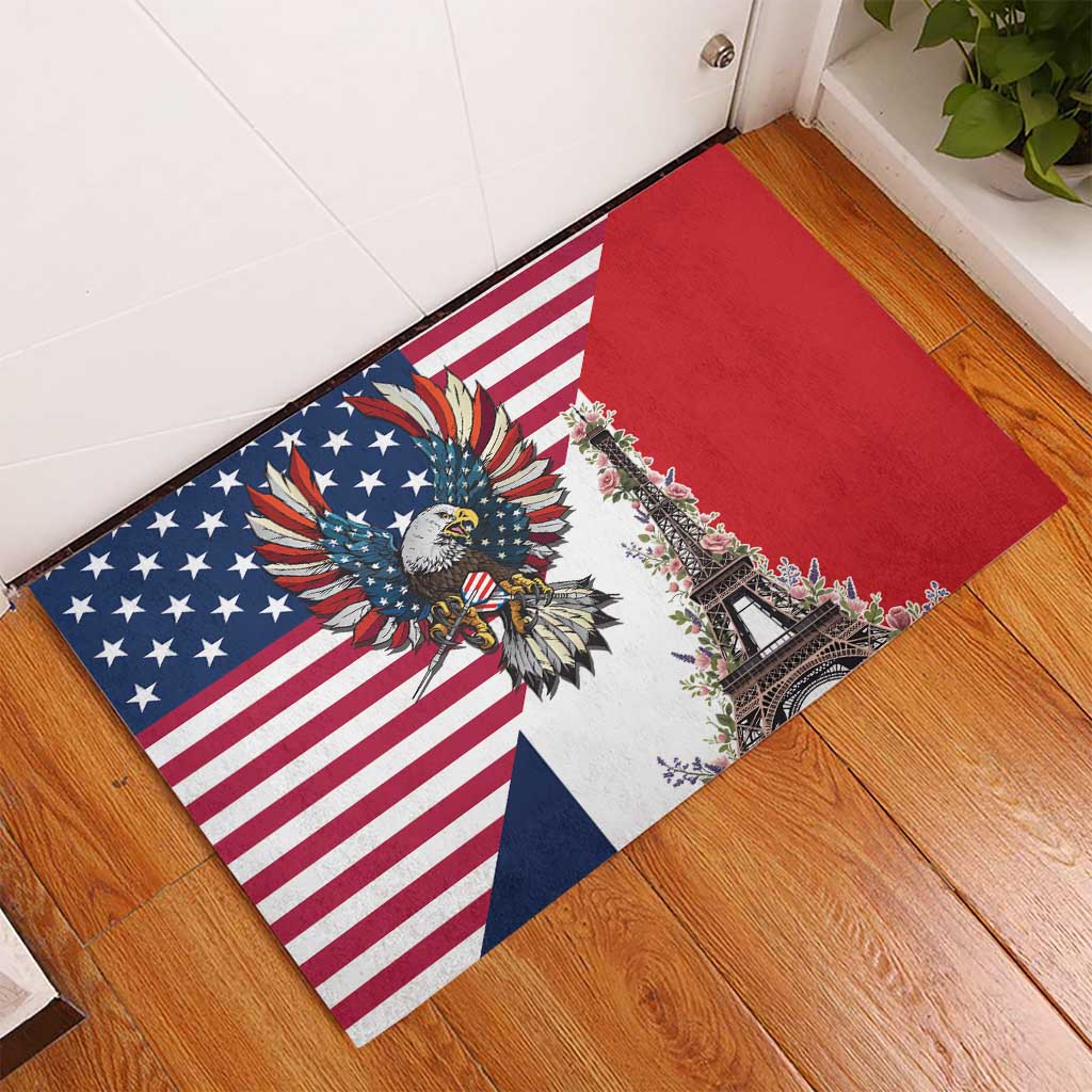 French American Heritage Month Rubber Doormat Flag Style with USA Eagle and Eiffel Tower