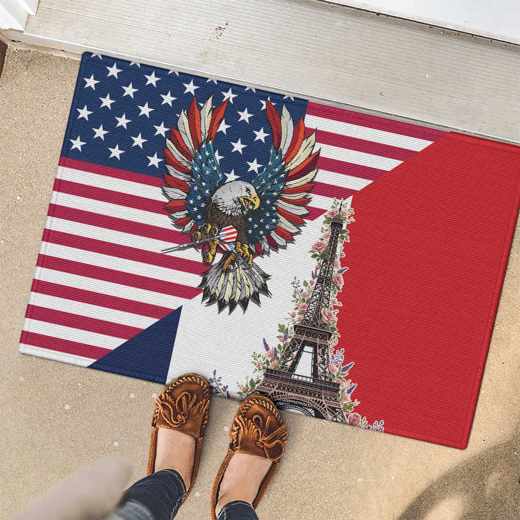 French American Heritage Month Rubber Doormat Flag Style with USA Eagle and Eiffel Tower