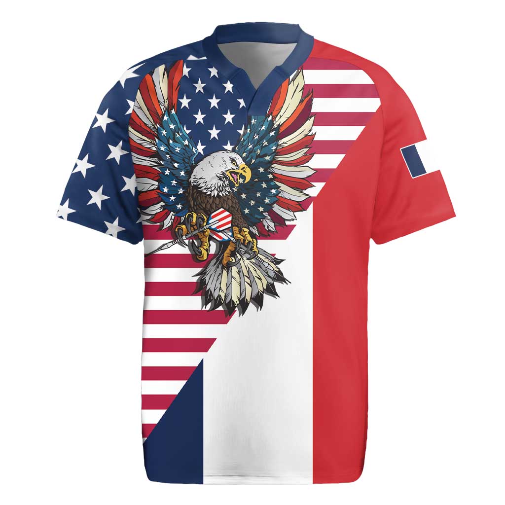 French American Heritage Month Rugby Jersey Flag Style with USA Eagle and Eiffel Tower