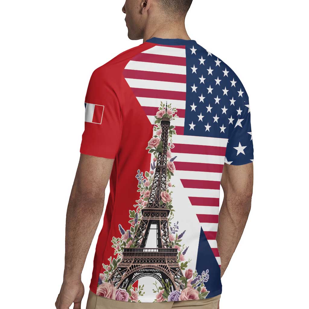 French American Heritage Month Rugby Jersey Flag Style with USA Eagle and Eiffel Tower