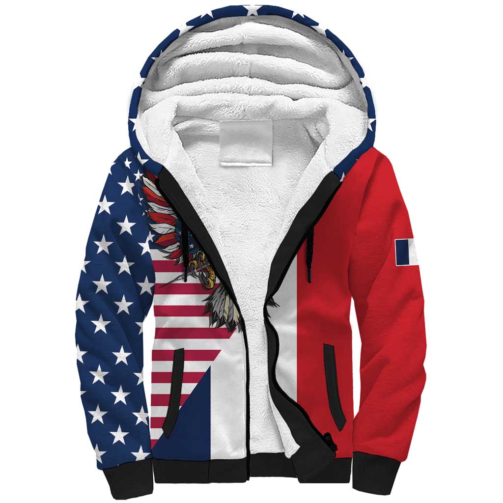 French American Heritage Month Sherpa Hoodie Flag Style with USA Eagle and Eiffel Tower