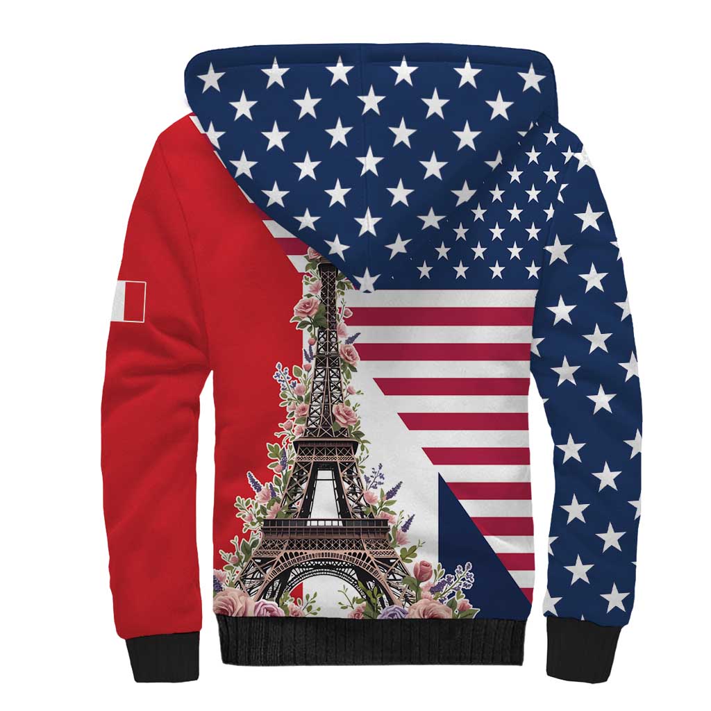 French American Heritage Month Sherpa Hoodie Flag Style with USA Eagle and Eiffel Tower