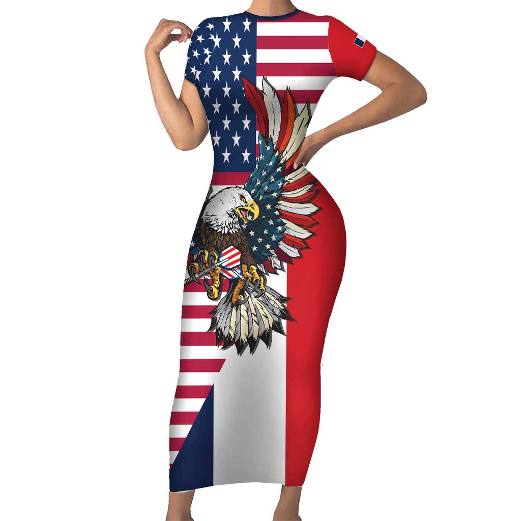 French American Heritage Month Short Sleeve Bodycon Dress Flag Style with USA Eagle and Eiffel Tower