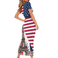 French American Heritage Month Short Sleeve Bodycon Dress Flag Style with USA Eagle and Eiffel Tower