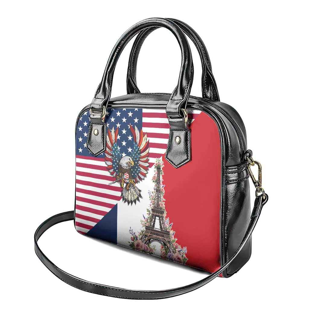 French American Heritage Month Shoulder Handbag Flag Style with USA Eagle and Eiffel Tower