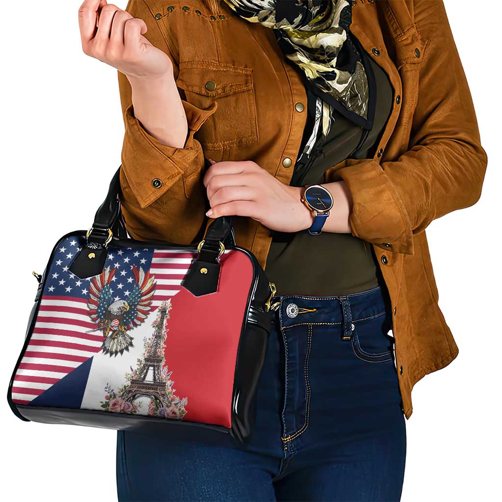 French American Heritage Month Shoulder Handbag Flag Style with USA Eagle and Eiffel Tower