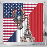 French American Heritage Month Shower Curtain Flag Style with USA Eagle and Eiffel Tower