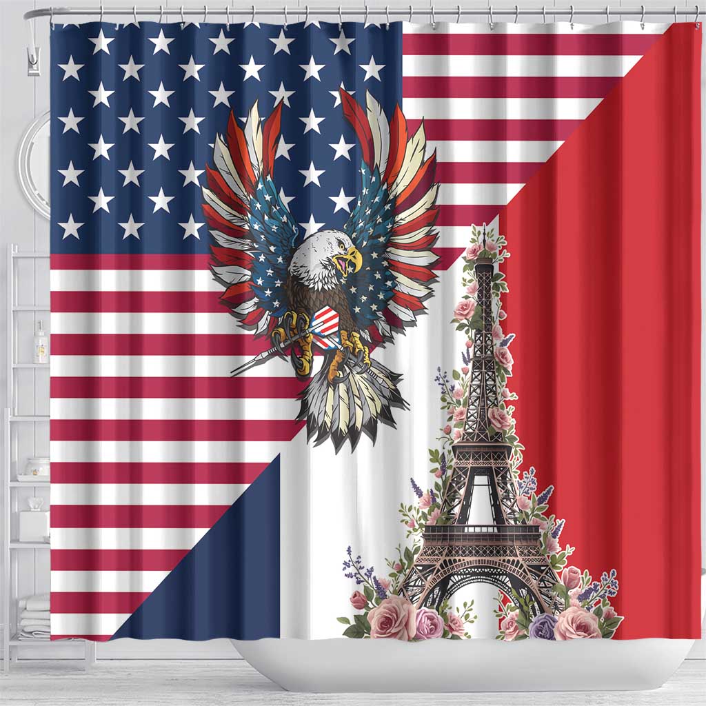 French American Heritage Month Shower Curtain Flag Style with USA Eagle and Eiffel Tower