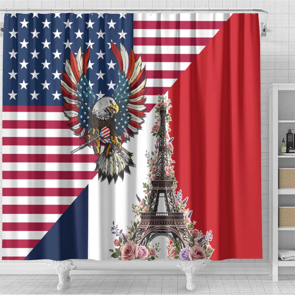 French American Heritage Month Shower Curtain Flag Style with USA Eagle and Eiffel Tower