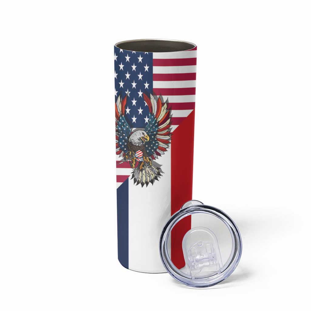 French American Heritage Month Skinny Tumbler Flag Style with USA Eagle and Eiffel Tower