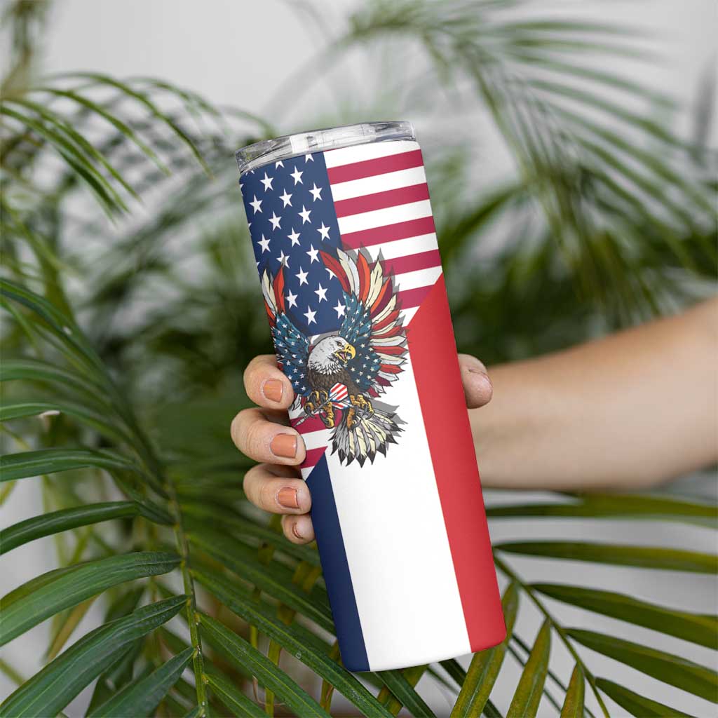 French American Heritage Month Skinny Tumbler Flag Style with USA Eagle and Eiffel Tower