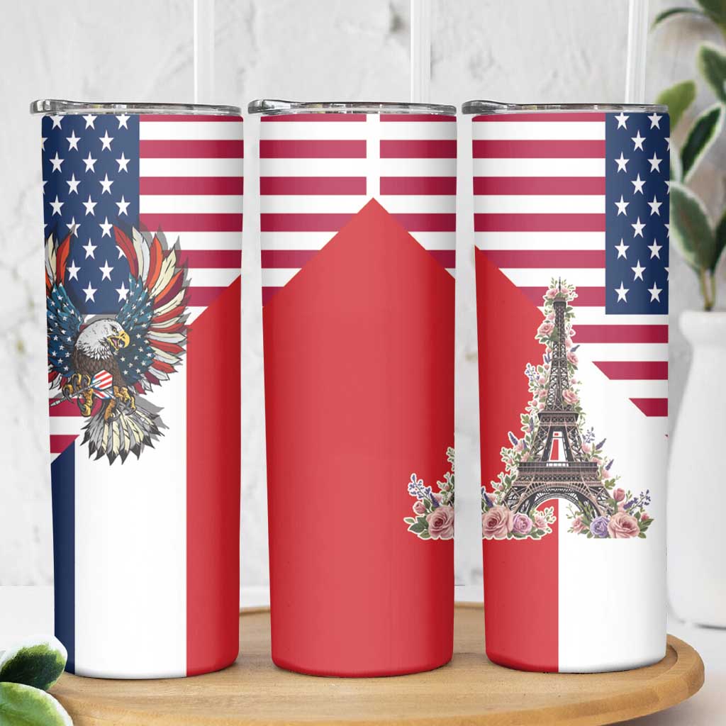 French American Heritage Month Skinny Tumbler Flag Style with USA Eagle and Eiffel Tower