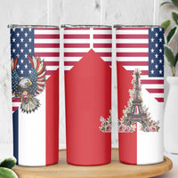 French American Heritage Month Skinny Tumbler Flag Style with USA Eagle and Eiffel Tower