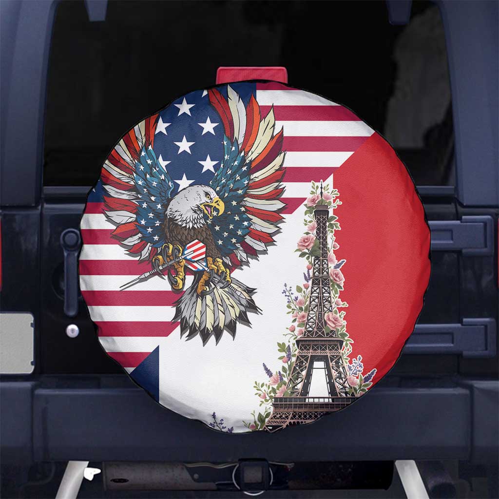 French American Heritage Month Spare Tire Cover Flag Style with USA Eagle and Eiffel Tower