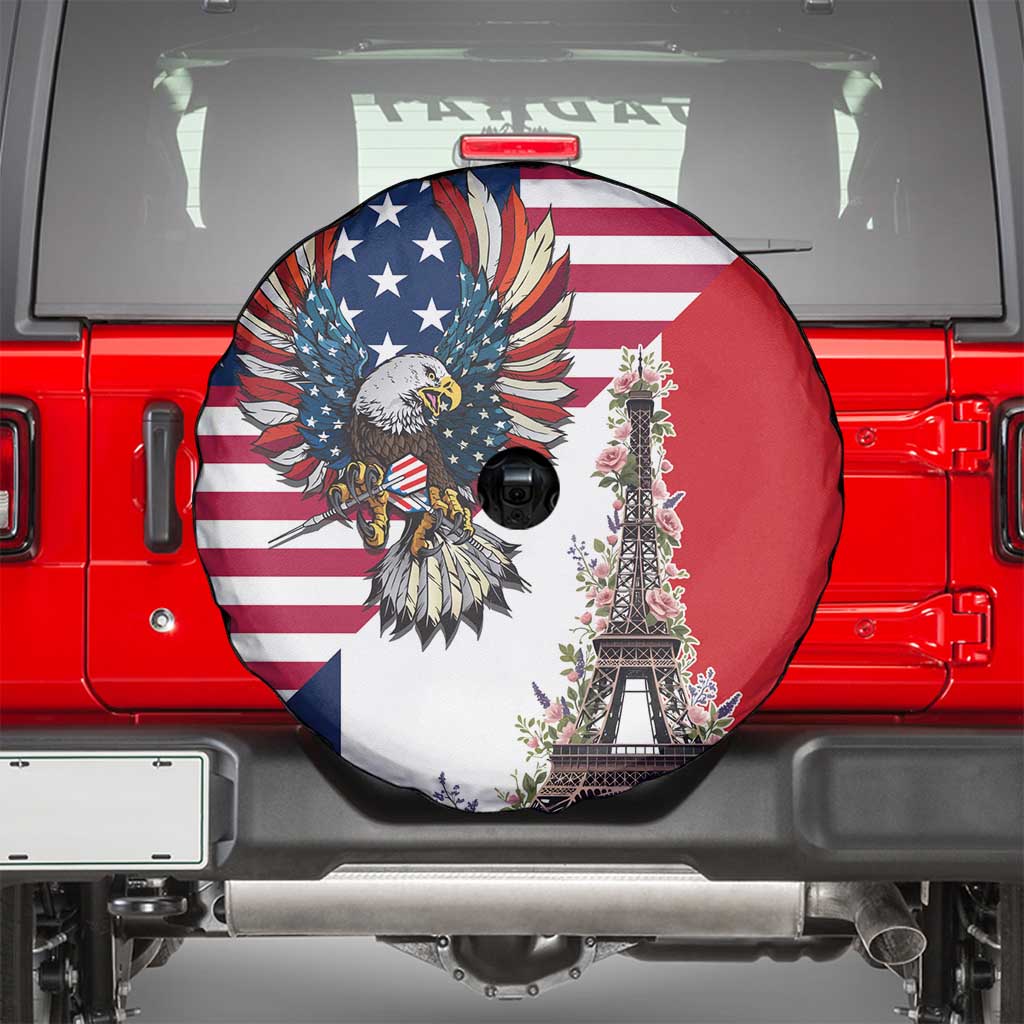 French American Heritage Month Spare Tire Cover Flag Style with USA Eagle and Eiffel Tower