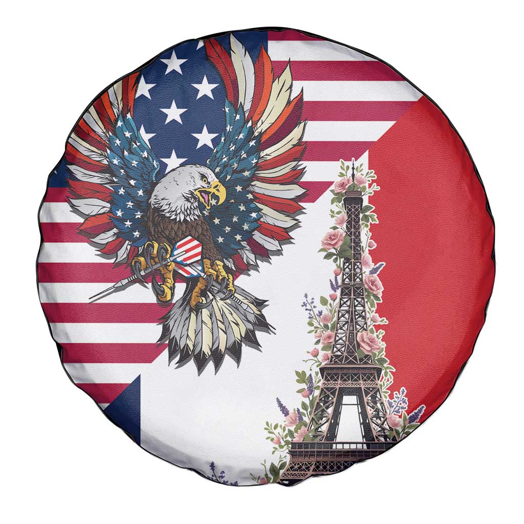 French American Heritage Month Spare Tire Cover Flag Style with USA Eagle and Eiffel Tower
