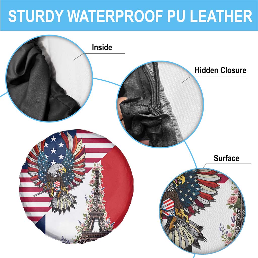 French American Heritage Month Spare Tire Cover Flag Style with USA Eagle and Eiffel Tower