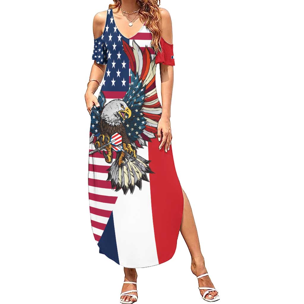 French American Heritage Month Summer Maxi Dress Flag Style with USA Eagle and Eiffel Tower