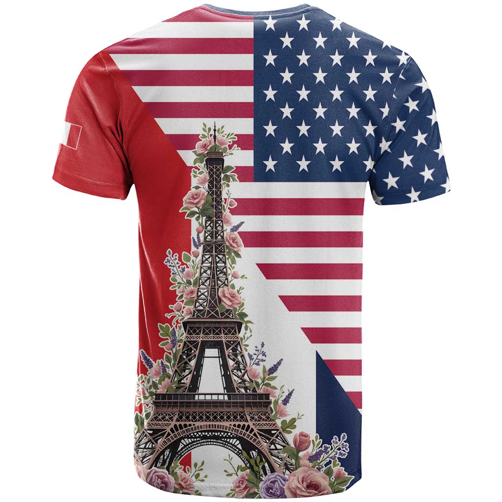 French American Heritage Month T Shirt Flag Style with USA Eagle and Eiffel Tower