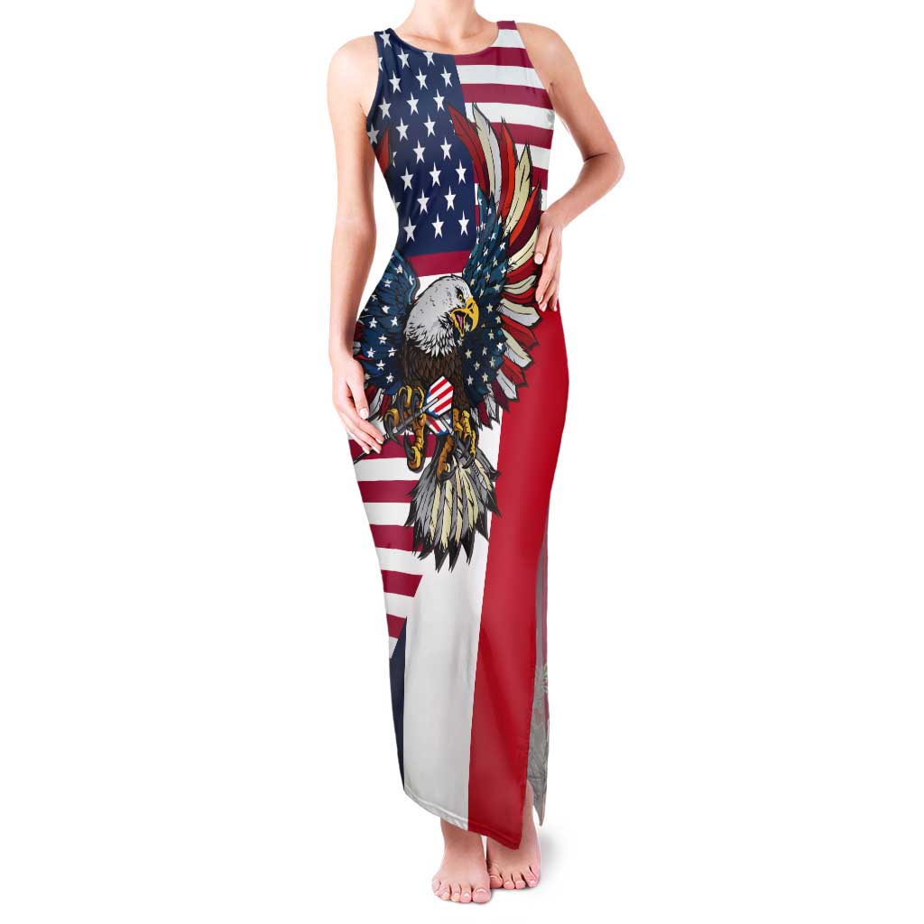 French American Heritage Month Tank Maxi Dress Flag Style with USA Eagle and Eiffel Tower