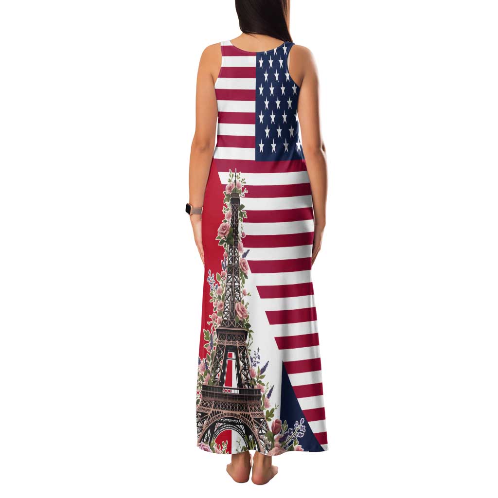 French American Heritage Month Tank Maxi Dress Flag Style with USA Eagle and Eiffel Tower