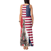 French American Heritage Month Tank Maxi Dress Flag Style with USA Eagle and Eiffel Tower