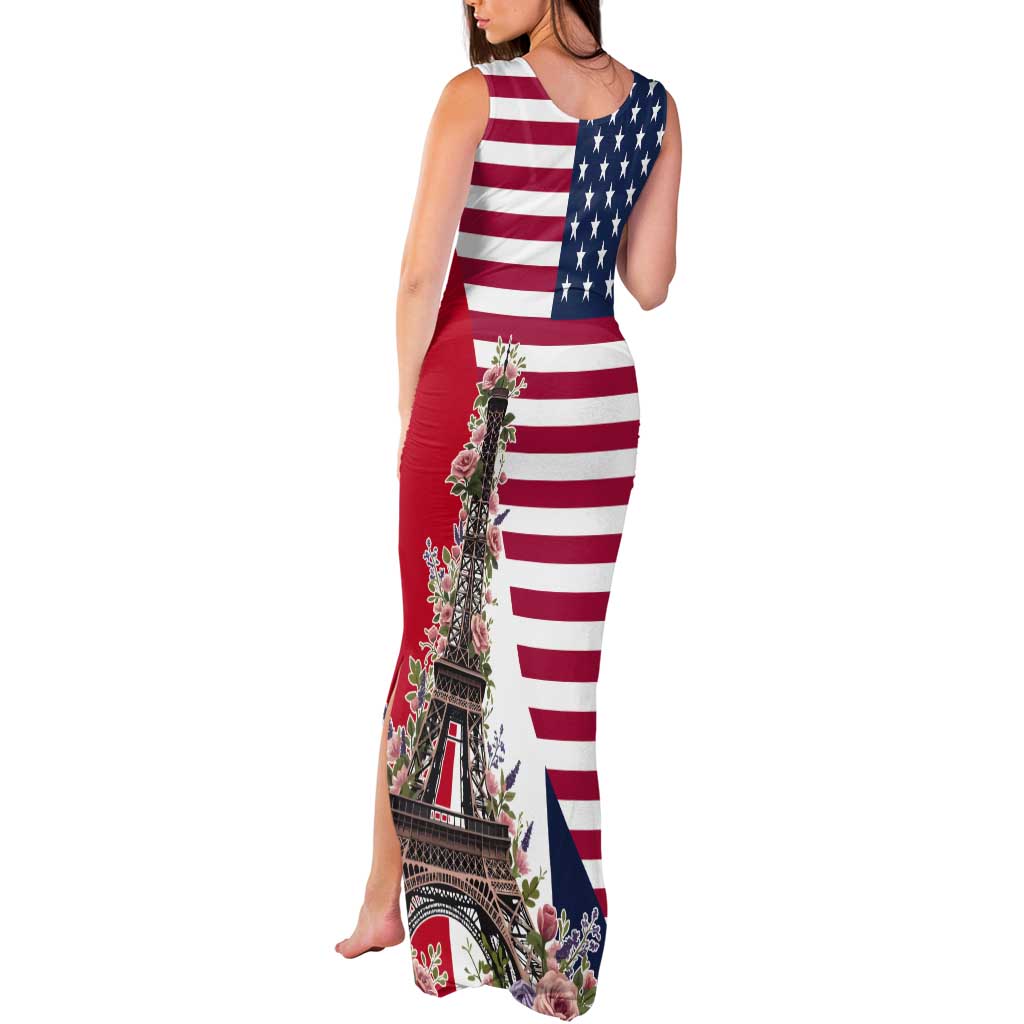 French American Heritage Month Tank Maxi Dress Flag Style with USA Eagle and Eiffel Tower