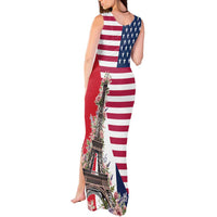 French American Heritage Month Tank Maxi Dress Flag Style with USA Eagle and Eiffel Tower