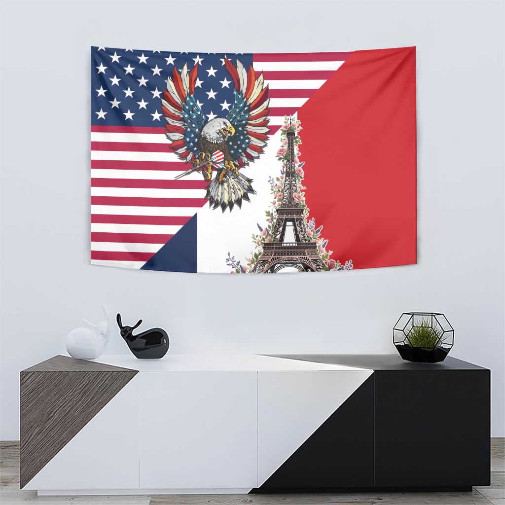 French American Heritage Month Tapestry Flag Style with USA Eagle and Eiffel Tower
