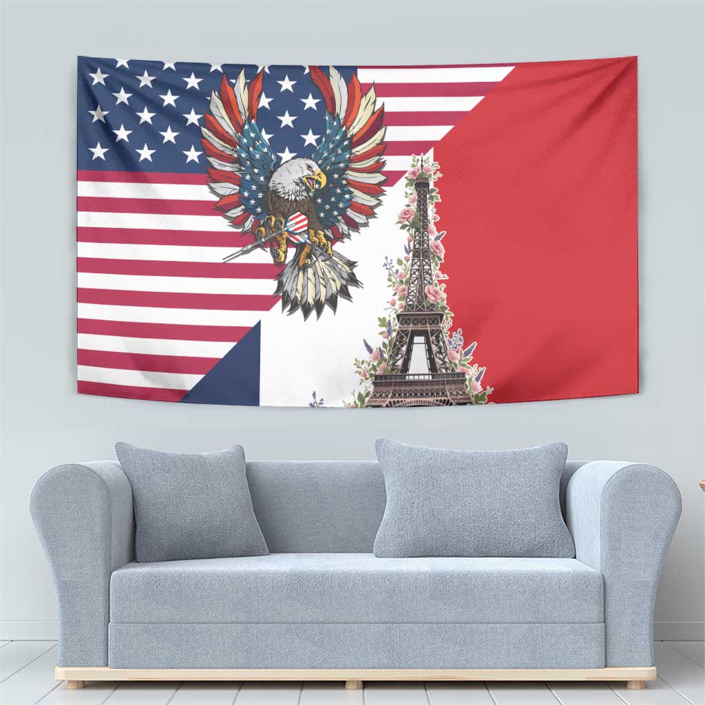 French American Heritage Month Tapestry Flag Style with USA Eagle and Eiffel Tower