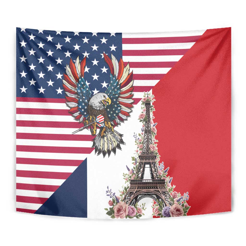 French American Heritage Month Tapestry Flag Style with USA Eagle and Eiffel Tower