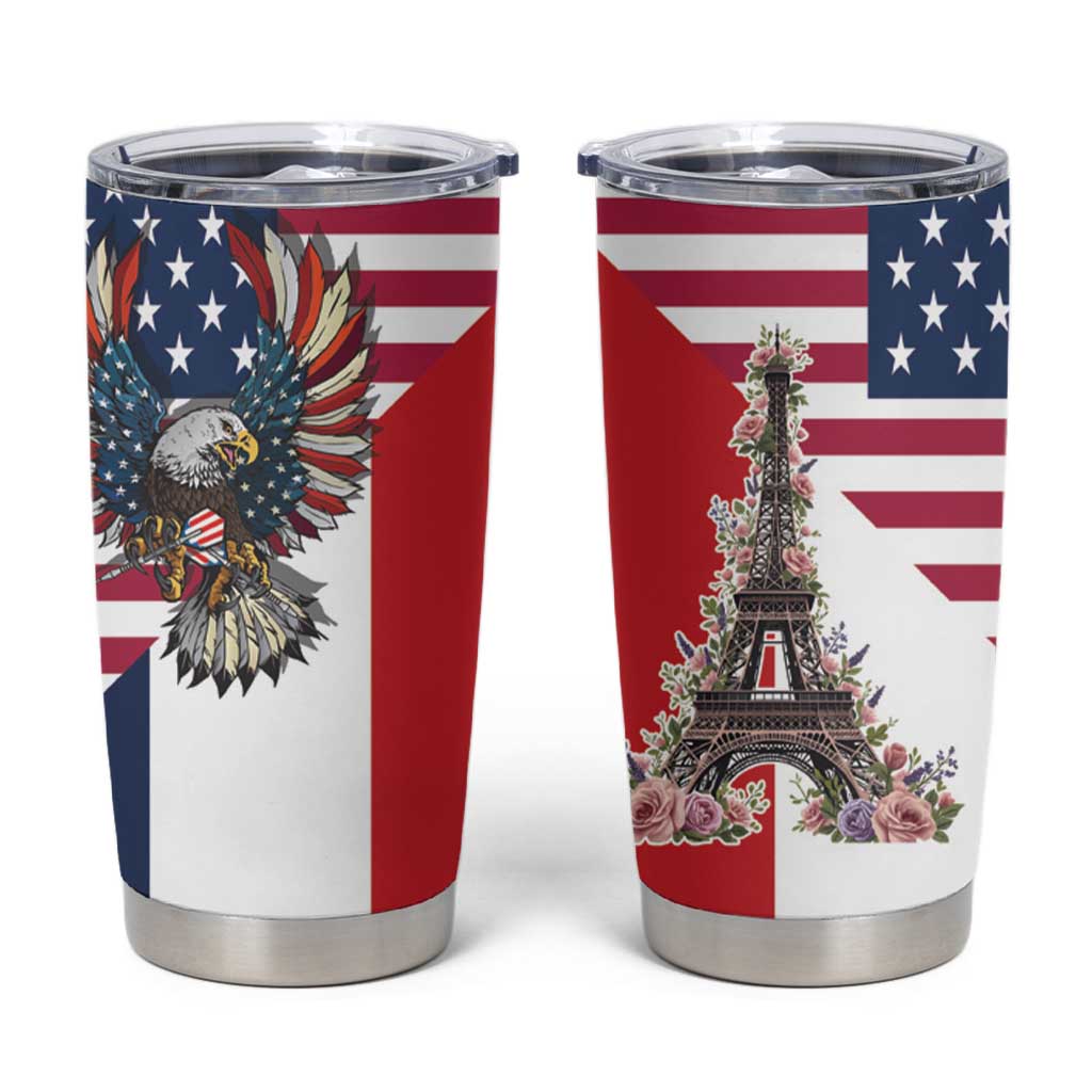 French American Heritage Month Tumbler Cup Flag Style with USA Eagle and Eiffel Tower