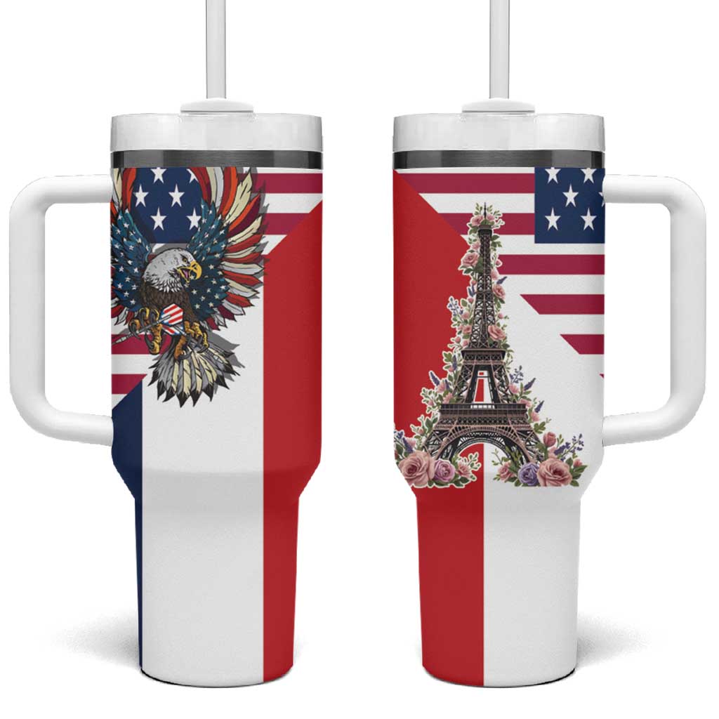 French American Heritage Month Tumbler With Handle Flag Style with USA Eagle and Eiffel Tower