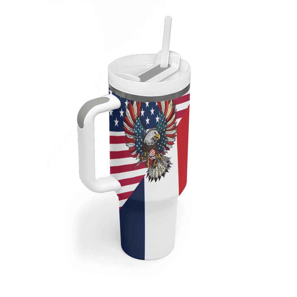 French American Heritage Month Tumbler With Handle Flag Style with USA Eagle and Eiffel Tower
