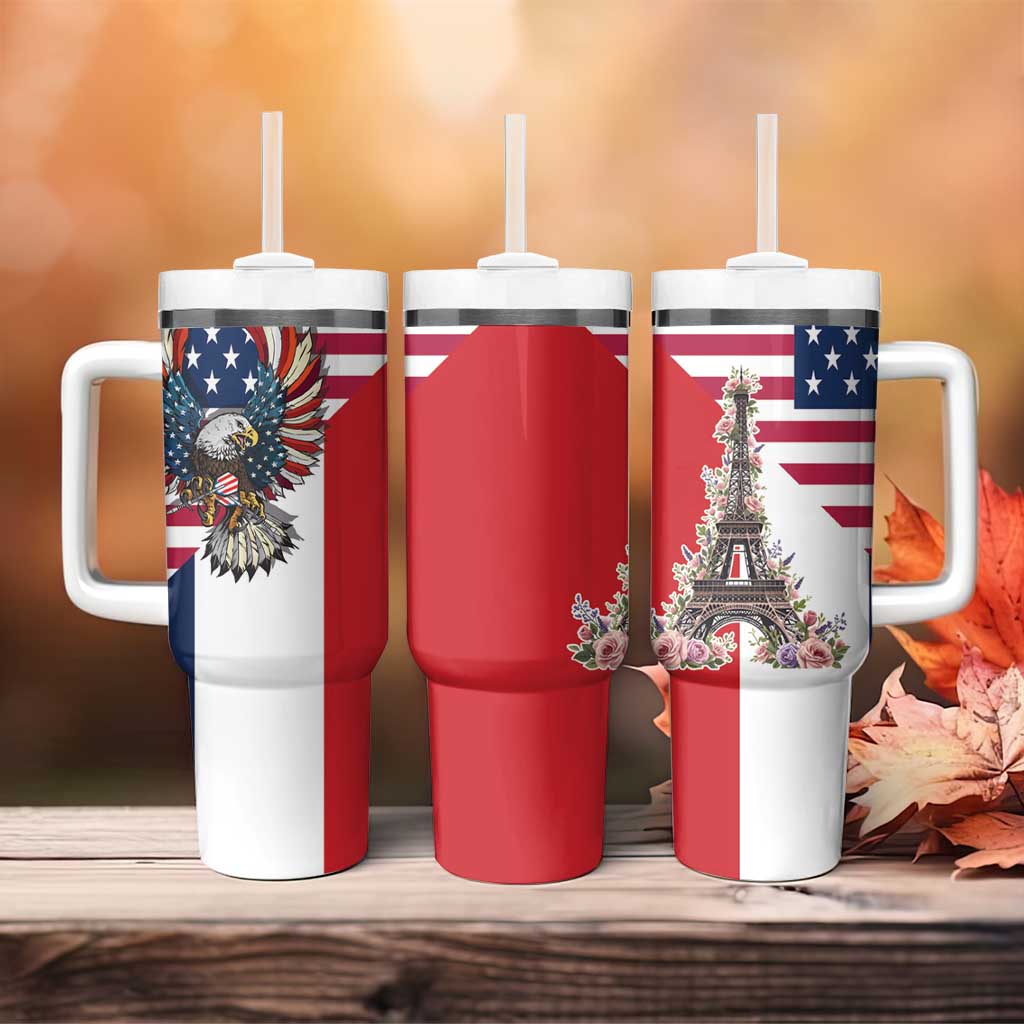 French American Heritage Month Tumbler With Handle Flag Style with USA Eagle and Eiffel Tower