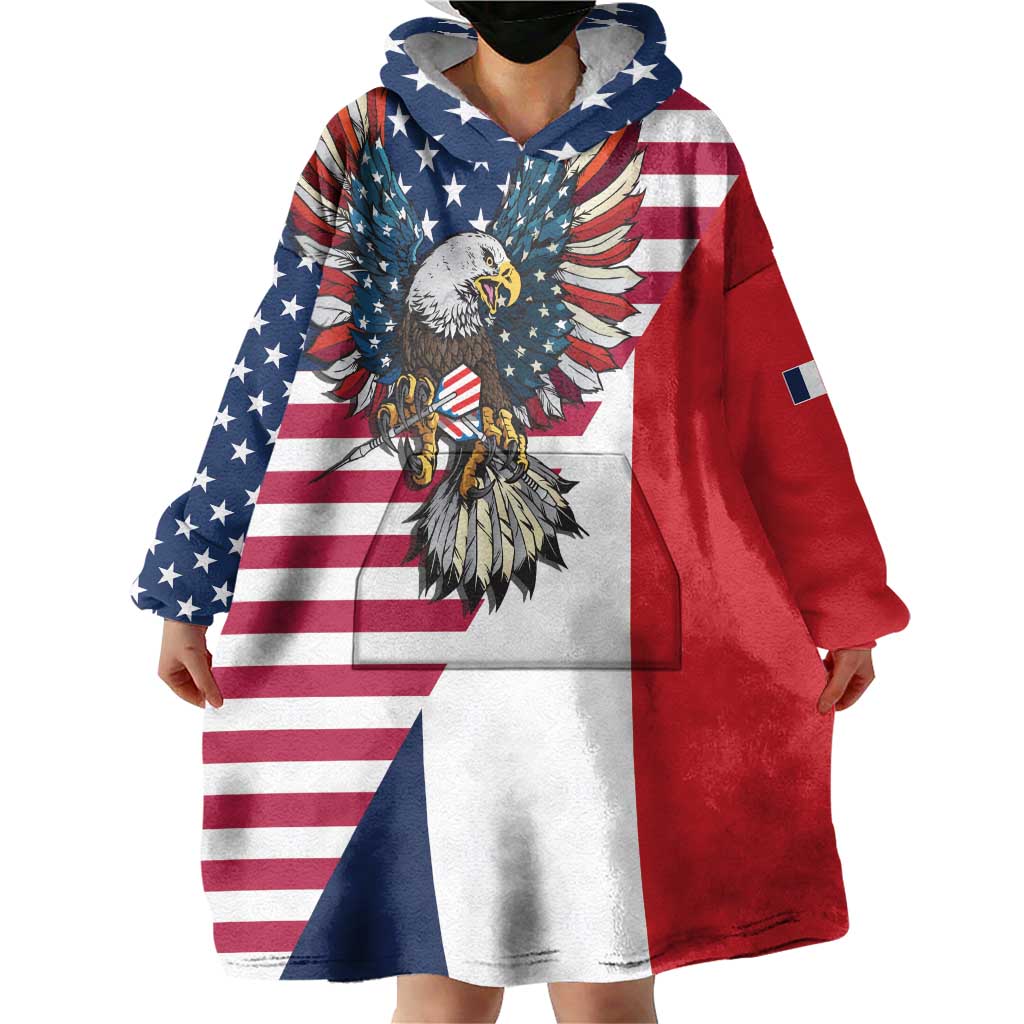 French American Heritage Month Wearable Blanket Hoodie Flag Style with USA Eagle and Eiffel Tower