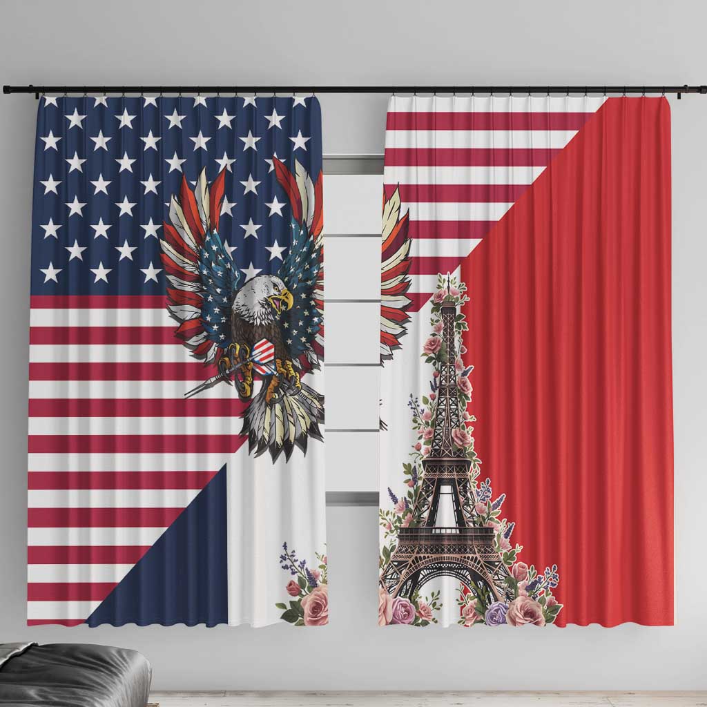 French American Heritage Month Window Curtain Flag Style with USA Eagle and Eiffel Tower